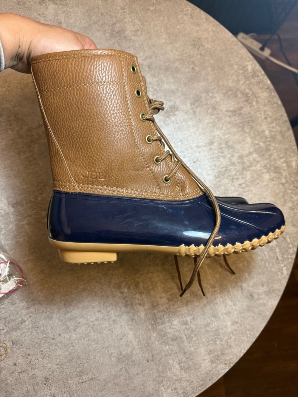 JBU Women's Tan and Navy Duck Boots